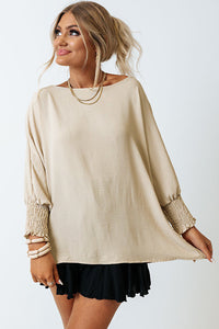 Apricot Solid Casual Smocked Cuffs Batwing Sleeve Blouse