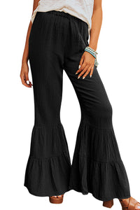 Black Plain Cotton Tiered Ruffle Flare High Waisted Pants