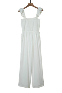 White Smocked Ruffle Strap Pocket Wide Leg Jumpsuit