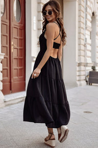 Black Crossover Backless Bodice Tiered Maxi Dress