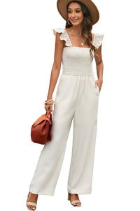 White Smocked Ruffle Strap Pocket Wide Leg Jumpsuit