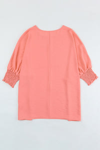 Apricot Solid Casual Smocked Cuffs Batwing Sleeve Blouse