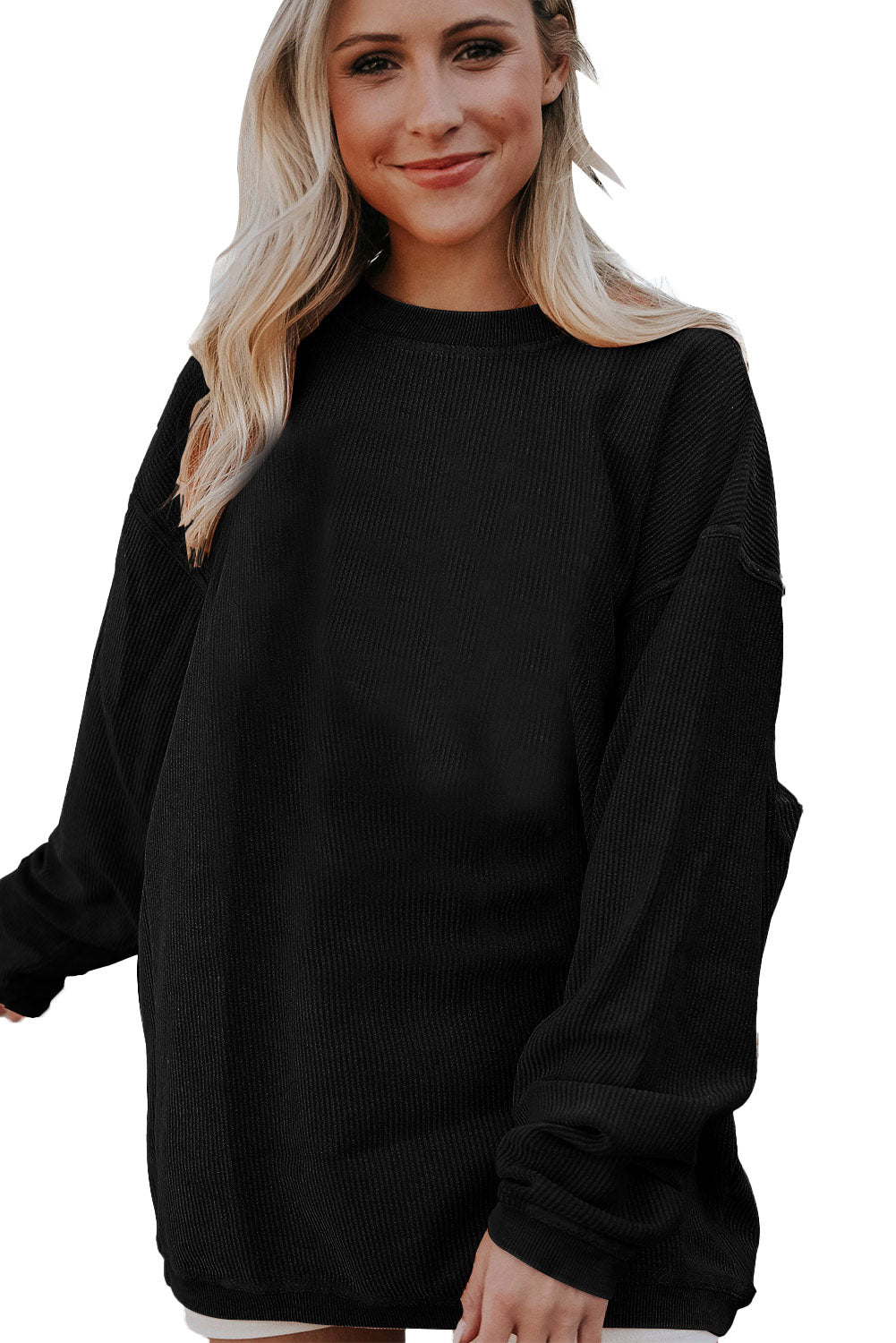 Smoke Gray Plain Drop Sleeve Crinkle Rib Oversized Sweatshirt