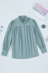 Khaki Solid Color Casual Button Up Puff Sleeve Pleated Shirt