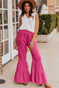 Black Plain Cotton Tiered Ruffle Flare High Waisted Pants