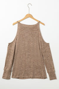 Khaki Marble Knit Cold Shoulder Long Sleeve Top