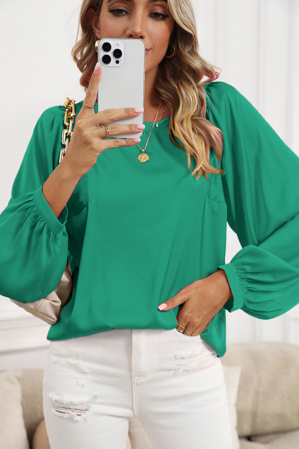 Green Plain Satin Puff Long Sleeve Crewneck Blouse