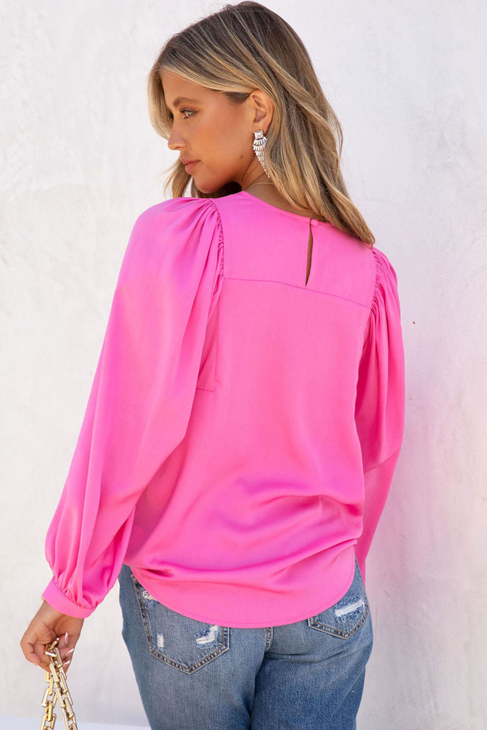 Green Plain Satin Puff Long Sleeve Crewneck Blouse