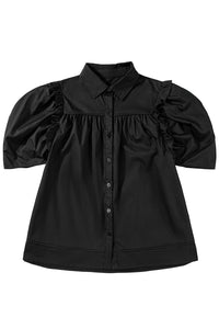 Black Ruched Puff Sleeve Loose Buttoned Up Blouse