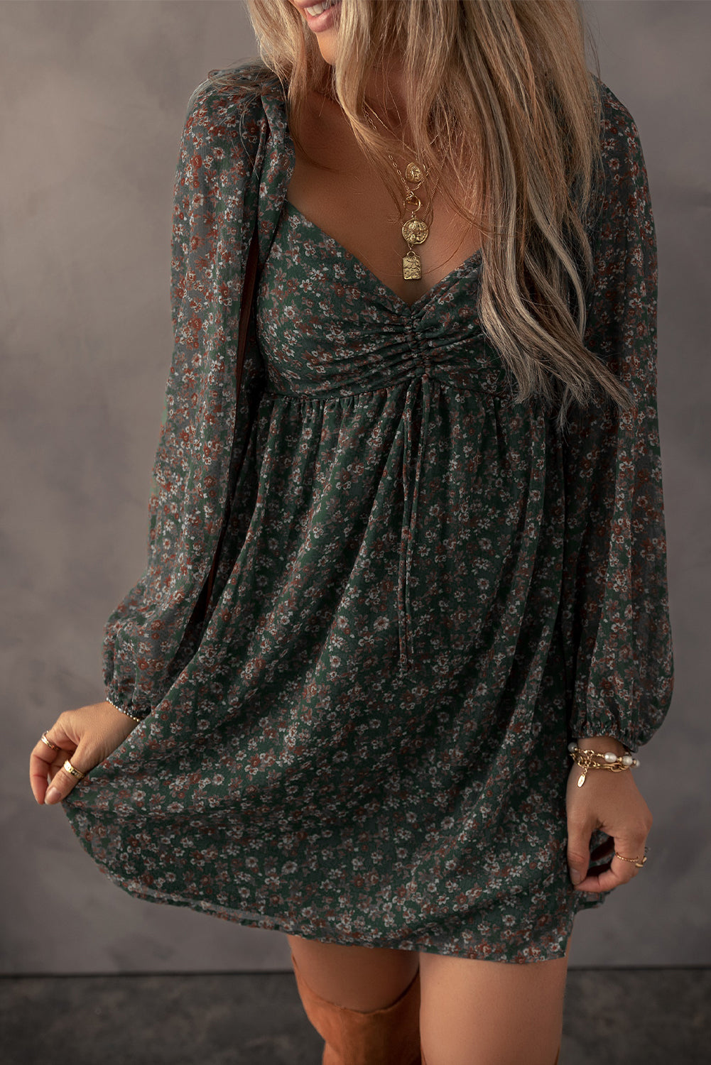 Green Ditsy Floral Print Sweetheart Neck Smocked Back Mini Dress