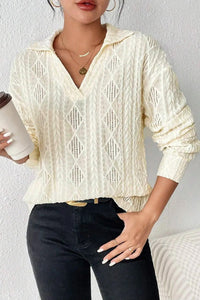 Apricot Textured Hollow Crochet Collared V Neck Top