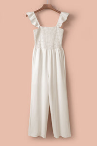 White Smocked Ruffle Strap Pocket Wide Leg Jumpsuit