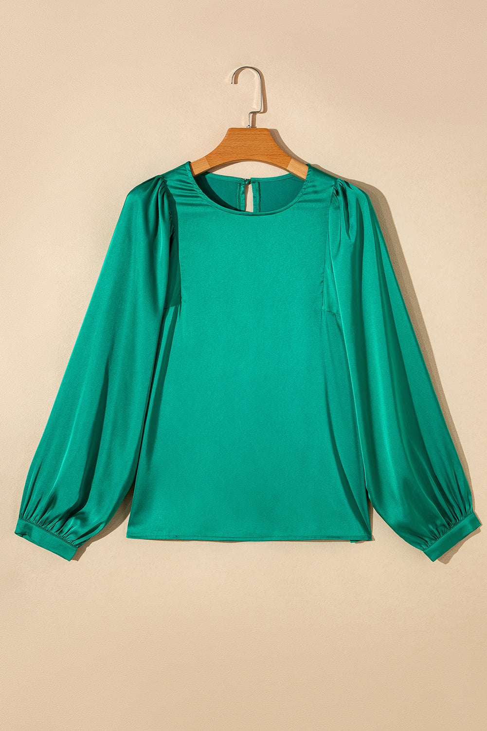 Green Plain Satin Puff Long Sleeve Crewneck Blouse