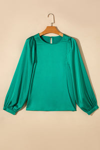 Green Plain Satin Puff Long Sleeve Crewneck Blouse