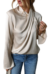 Jet Stream Draped Asymmetric Neck Keyhole Back Satin Blouse