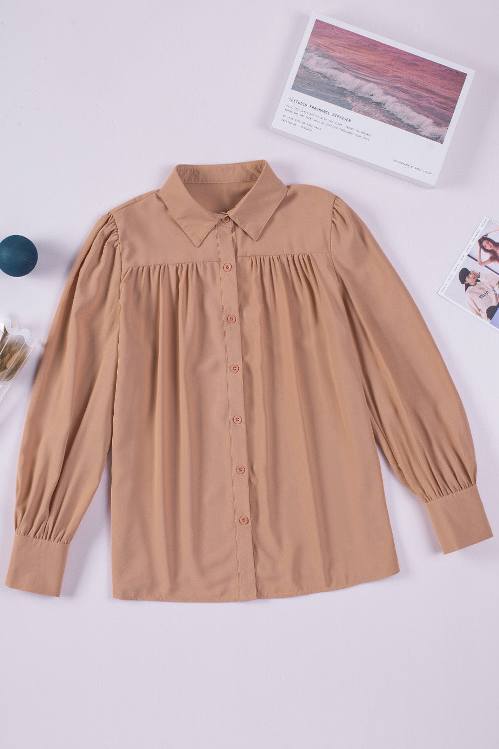 Khaki Solid Color Casual Button Up Puff Sleeve Pleated Shirt