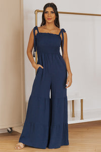 Black Tie Straps Shirred Casual Tiered Wide Leg Jumpsuit