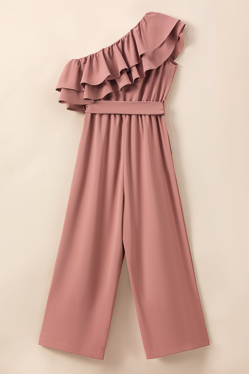 Dusty Pink Asymmetric Shoulder Ruffle Trim Belted Jumpsuit