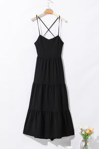 Black Crossover Backless Bodice Tiered Maxi Dress