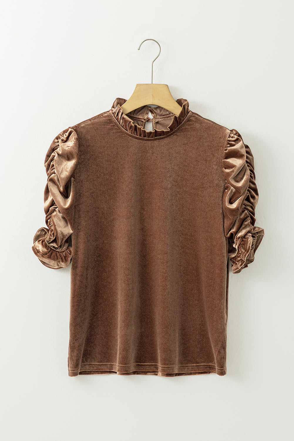 Camel Ruched Puff Sleeve Frilled Neck Velvet Blouse