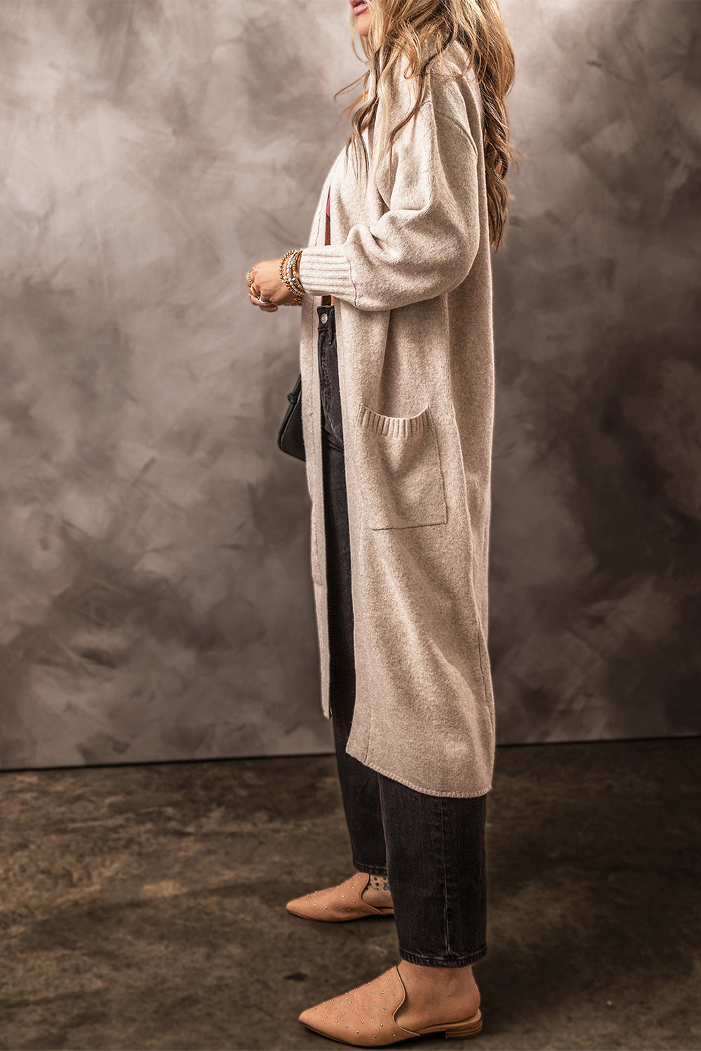 Beige Side Pockets Open Front Long Knitted Cardigan