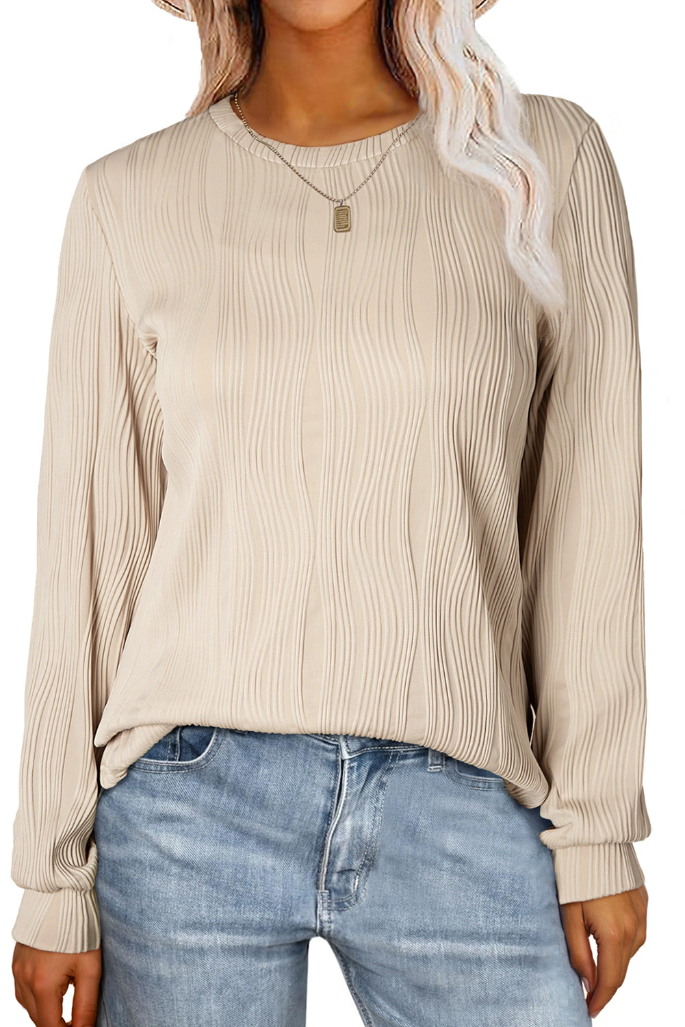 Apricot Wavy Textured Solid Color Drop Shoulder Pullover Top