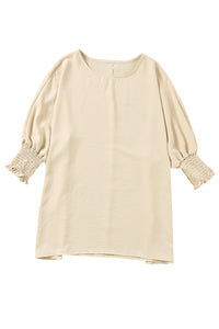 Apricot Solid Casual Smocked Cuffs Batwing Sleeve Blouse