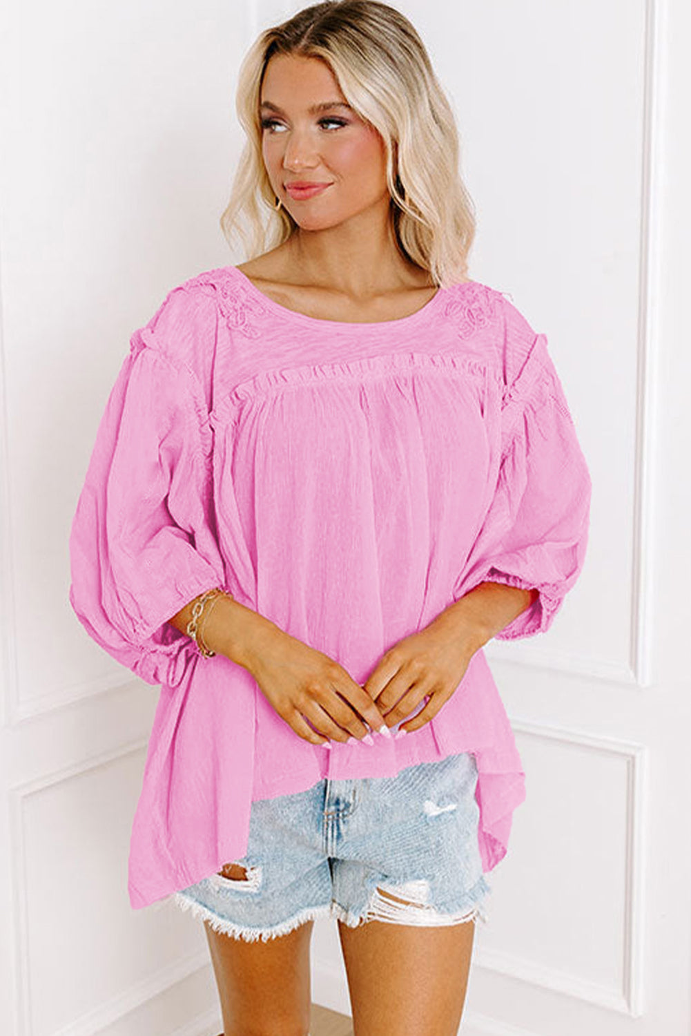 Pink Bracelet Sleeve Frill Detail Babydoll Blouse