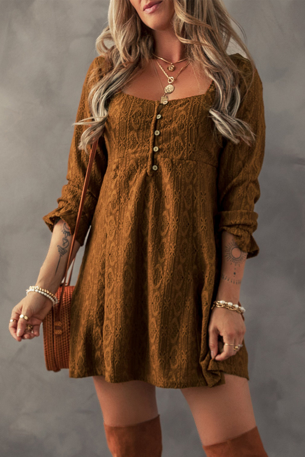 Chestnut Lace Crochet Buttoned Square Neck Mini Dress