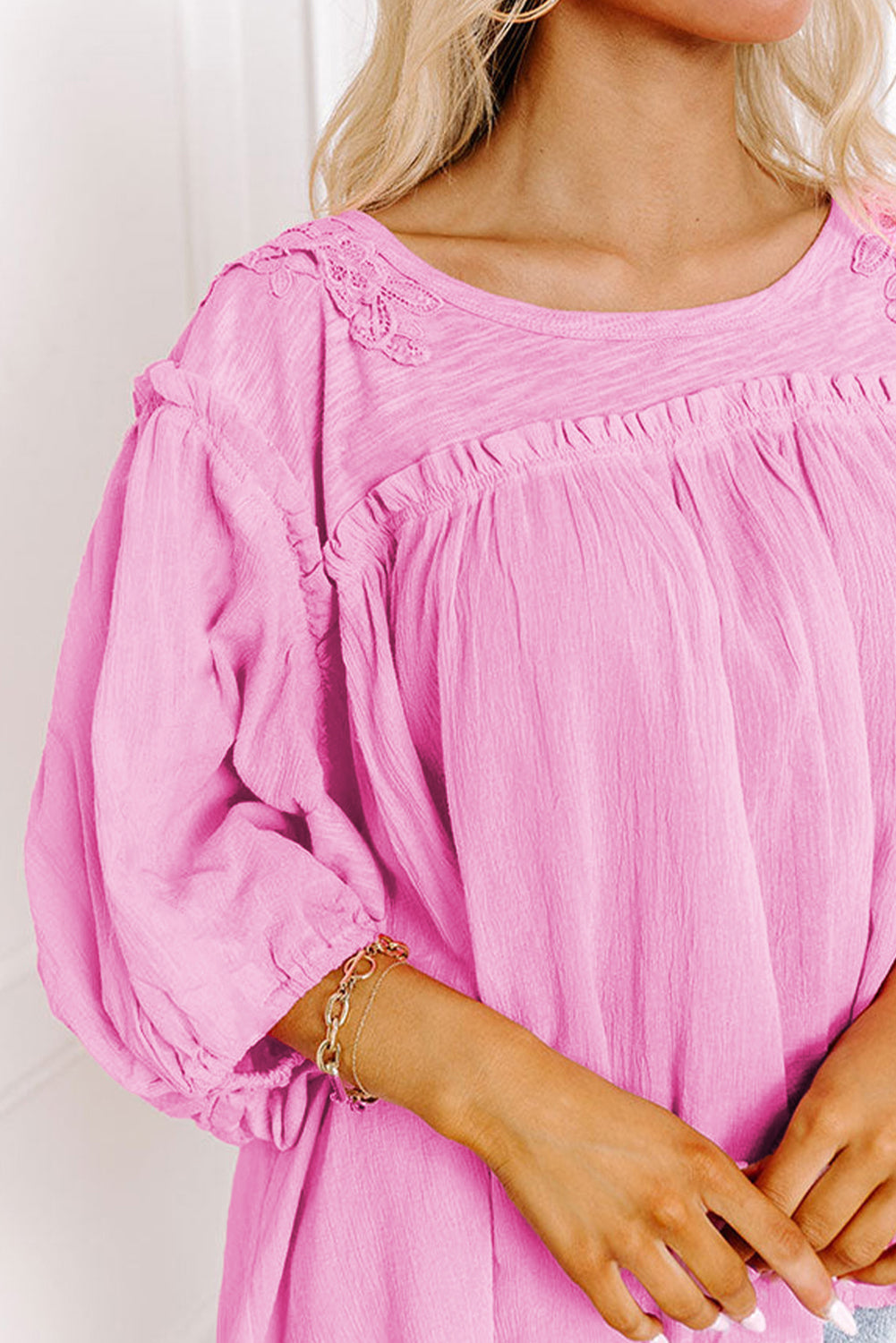 Pink Bracelet Sleeve Frill Detail Babydoll Blouse