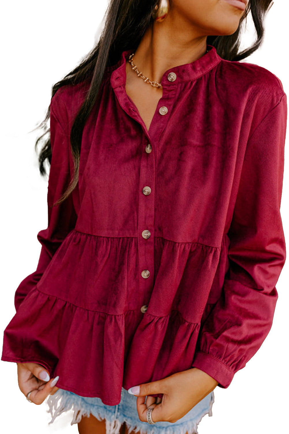 Skobeloff Ruffle Tiered Buttoned O Neck Shirt