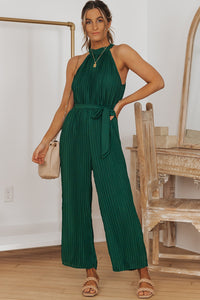 Green Elegant Halter Neck Belted Pleated Wide Leg Jumpsuit