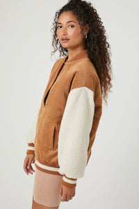 Buckskin Corduroy Fleece Patchwork Buttoned Bomber Coat