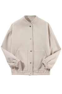 Beige Snap Button Pocketed Bomber Jacket