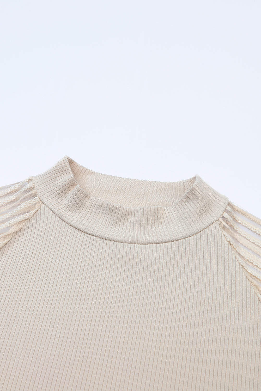 Apricot Ribbed Solid Color Striped Mesh Long Sleeve Top