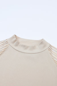 Apricot Ribbed Solid Color Striped Mesh Long Sleeve Top