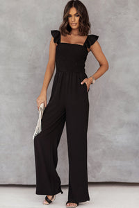 White Smocked Ruffle Strap Pocket Wide Leg Jumpsuit