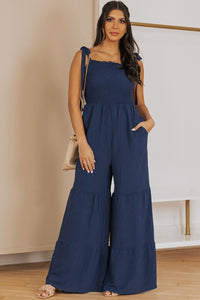 Black Tie Straps Shirred Casual Tiered Wide Leg Jumpsuit