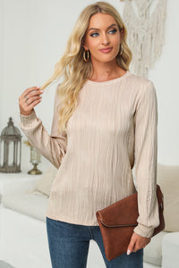 Apricot Wavy Textured Solid Color Drop Shoulder Pullover Top