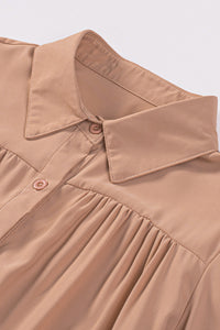 Khaki Solid Color Casual Button Up Puff Sleeve Pleated Shirt