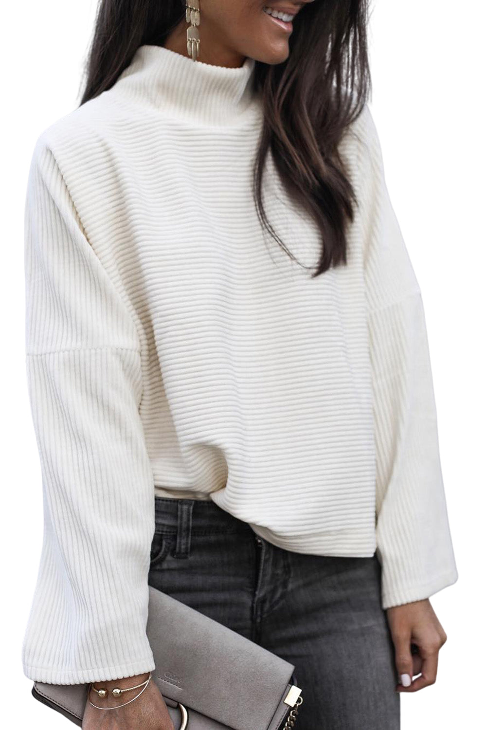 White Plain Mock Neck Drop Shoulder Ribbed Top