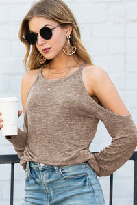 Khaki Marble Knit Cold Shoulder Long Sleeve Top