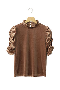 Camel Ruched Puff Sleeve Frilled Neck Velvet Blouse