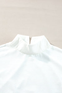 White Plain Mock Neck Drop Shoulder Ribbed Top