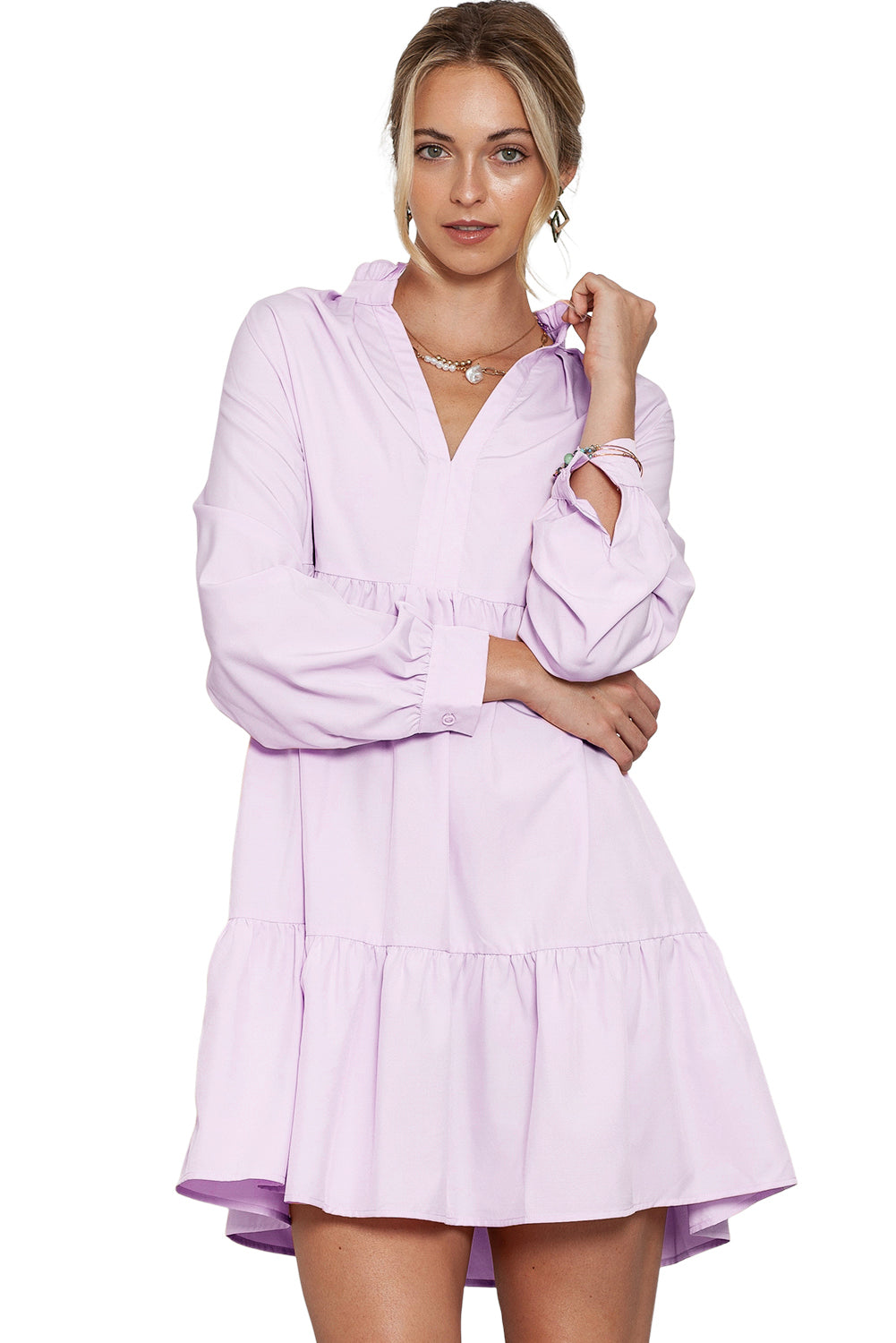 Pink Casual Stand V Neck Short Frill Dress