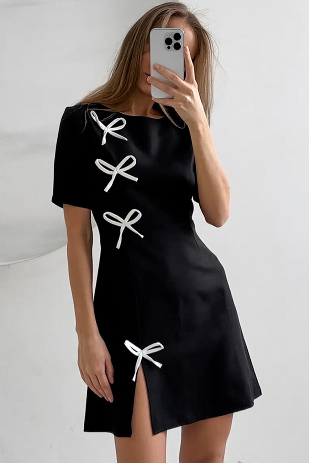 Black New Chinese Style Round Neck Bow Short Dress