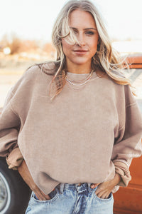 Smoke Gray Plain Drop Sleeve Crinkle Rib Oversized Sweatshirt