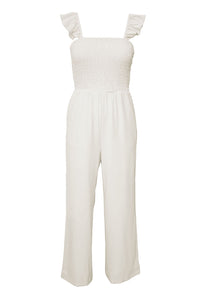 White Smocked Ruffle Strap Pocket Wide Leg Jumpsuit