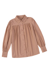 Khaki Solid Color Casual Button Up Puff Sleeve Pleated Shirt