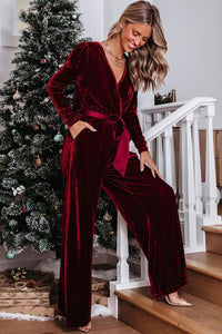 Burgundy Velvet Pocketed Cut Out Back Wide Leg Jumpsuit